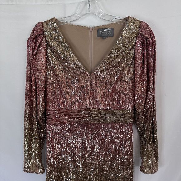 THEIA Adalee Ombre Sequined Puff-Sleeve Gown Dress Size 4 Womens Gold - Picture 4 of 9